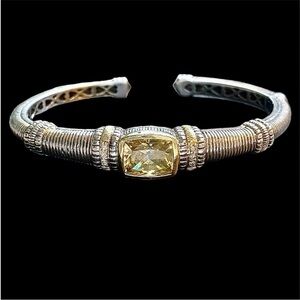 Judith Ripka TWO diamond, sterling silver 18k gold canary crystal cuff bracelet